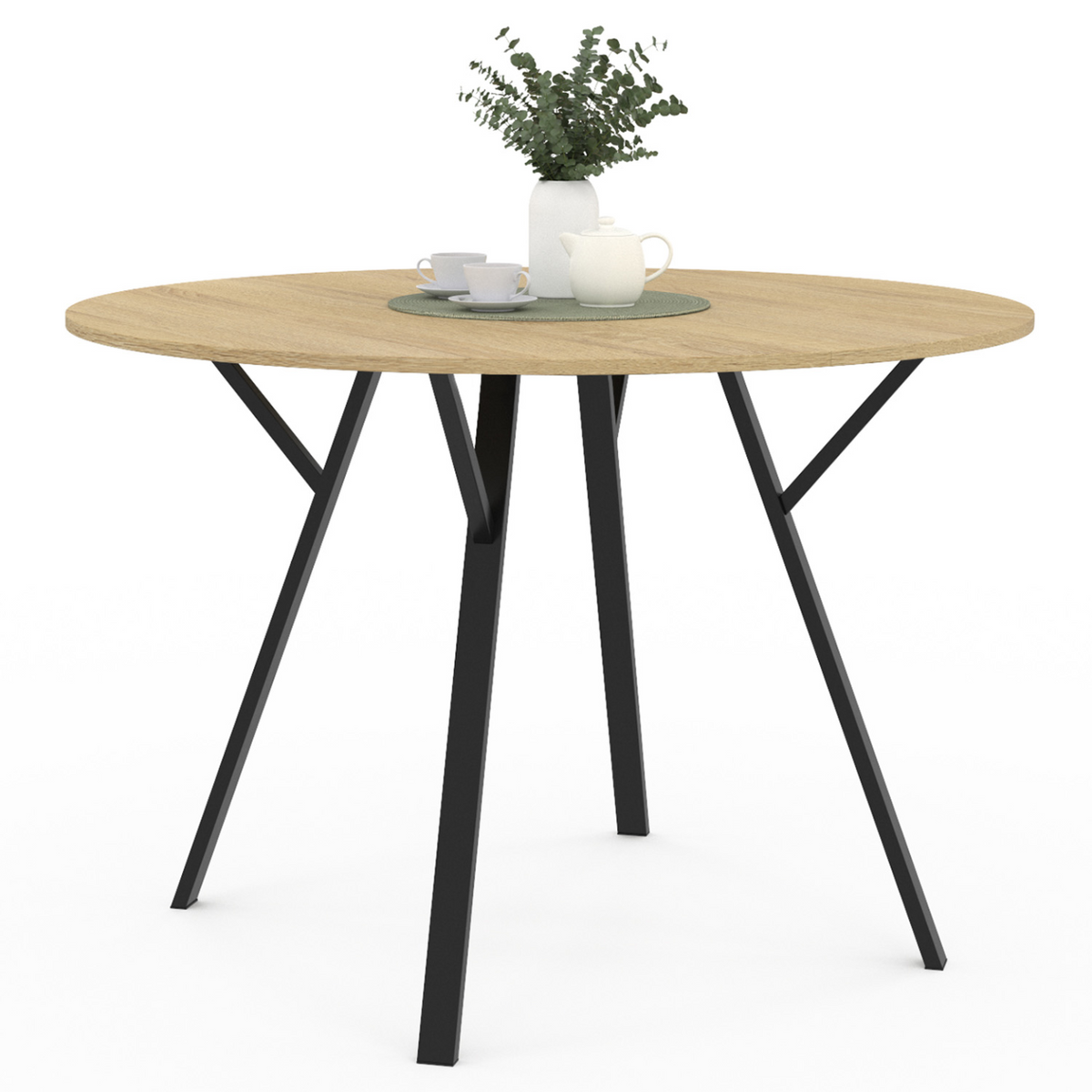 Table à manger fixe ronde YSEULT 4-6 personnes en bois et métal noir design industriel 110 cm