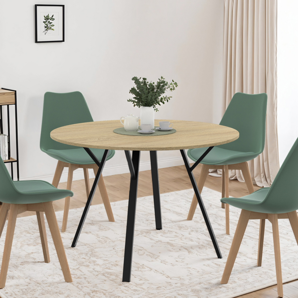 Table à manger fixe ronde YSEULT 4-6 personnes en bois et métal noir design industriel 110 cm