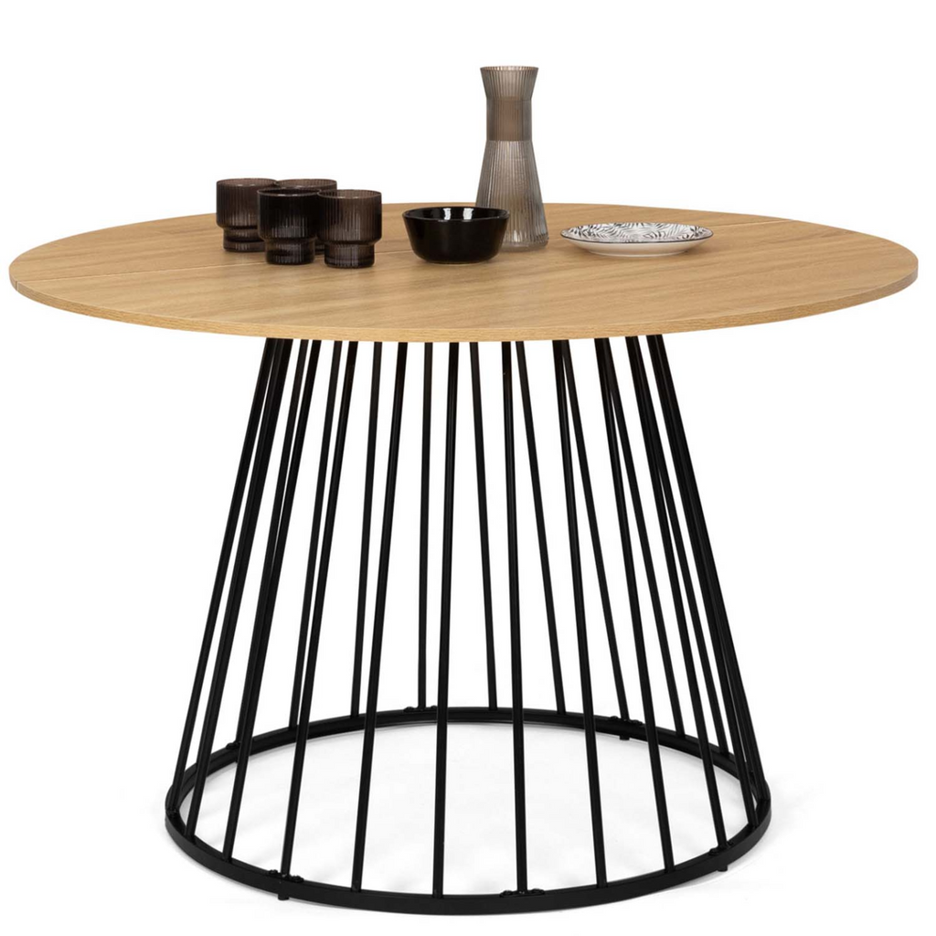 Table de salle à manger ronde YUNA 6 personnes, plateau en bois et pied filaire en métal noir, 110 cm