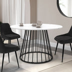 Table de salle à manger ronde YUNA pour 6 personnes, piètement filaire en métal noir et plateau effet marbre blanc ALASKA 110 cm