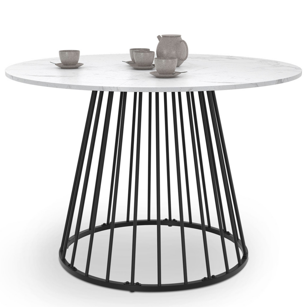 Table de salle à manger ronde YUNA pour 6 personnes, piètement filaire en métal noir et plateau effet marbre blanc ALASKA 110 cm