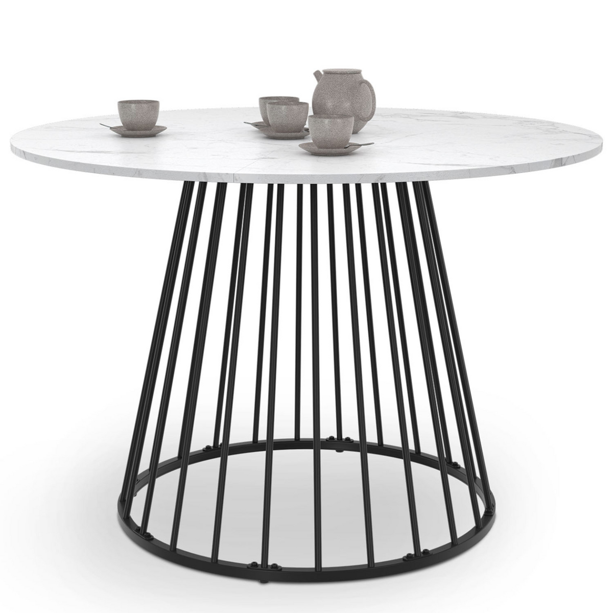 Table de salle à manger ronde YUNA pour 6 personnes, piètement filaire en métal noir et plateau effet marbre blanc ALASKA 110 cm