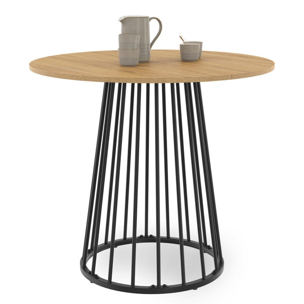 Table à manger ronde YUNA 4 personnes, plateau bois et pied filaire en métal noir, 80 cm