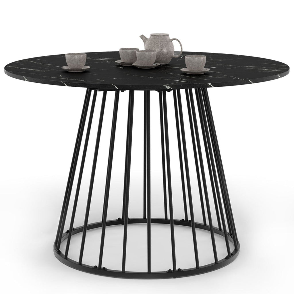 Table à manger ronde YUNA 6 personnes, plateau effet marbre noir ALASKA et pied filaire en métal noir 110 cm