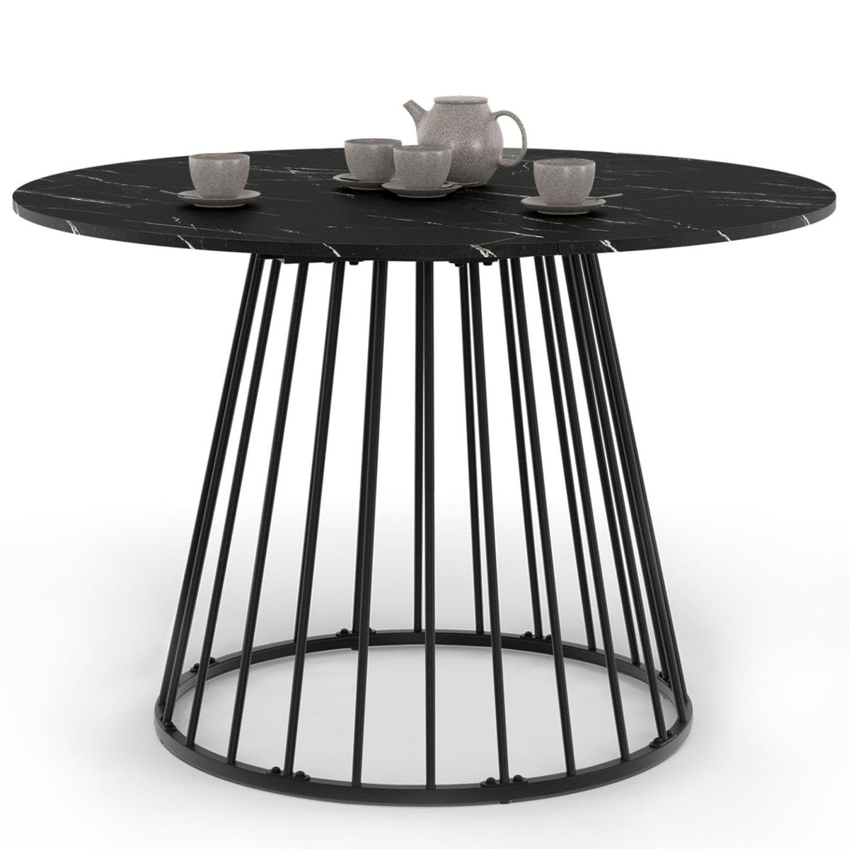 Table à manger ronde YUNA 6 personnes, plateau effet marbre noir ALASKA et pied filaire en métal noir 110 cm