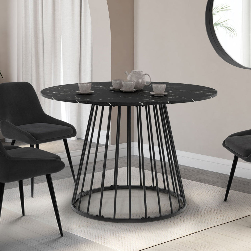 Table à manger ronde YUNA 6 personnes, plateau effet marbre noir ALASKA et pied filaire en métal noir 110 cm