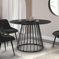 Table à manger ronde YUNA 6 personnes, plateau effet marbre noir ALASKA et pied filaire en métal noir 110 cm