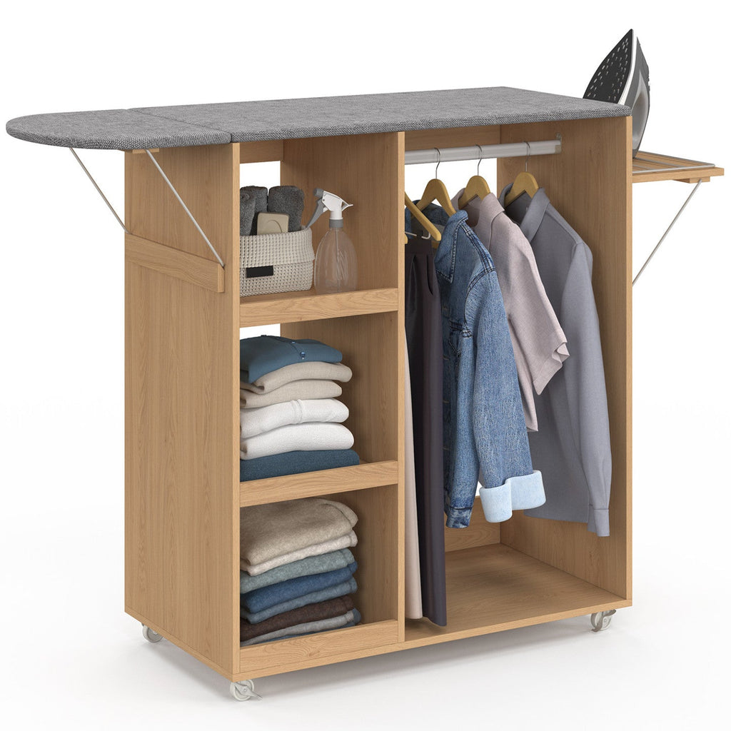 Table à repasser pliable à roulettes avec étagères réglables et barre de penderie effet hêtre