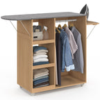 Table à repasser pliable à roulettes avec étagères réglables et barre de penderie effet hêtre