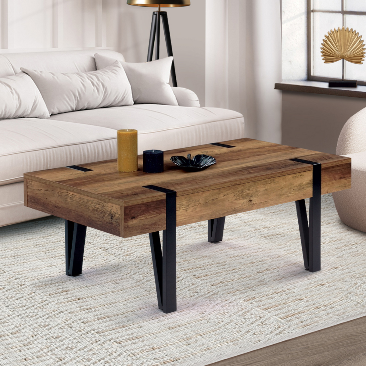 Table basse rectangulaire 1 tiroir AUSTRIA 100 cm bois piètement épingle noir