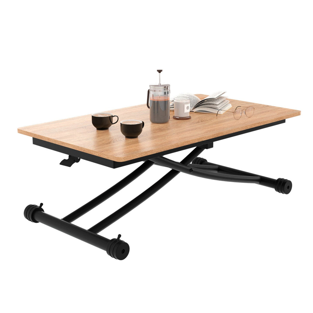 Table basse fixe relevable transformable en table à manger rectangulaire URBANA 100 cm bois et noir design industriel
