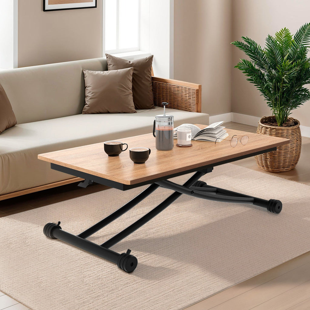 Table basse fixe relevable transformable en table à manger rectangulaire URBANA 100 cm bois et noir design industriel