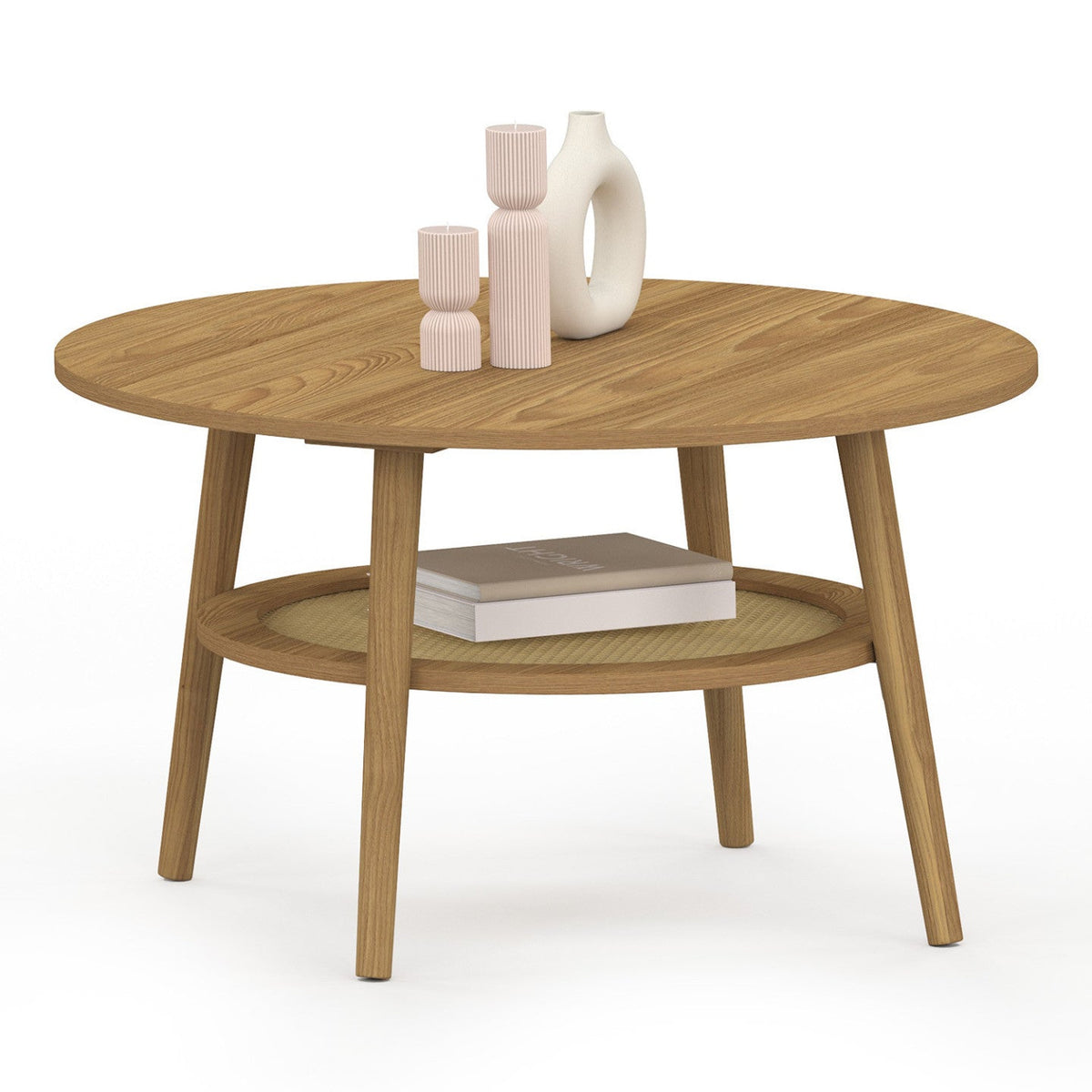 Table basse ronde HANAE 70 cm bois décor hêtre et plateau effet cannage naturel