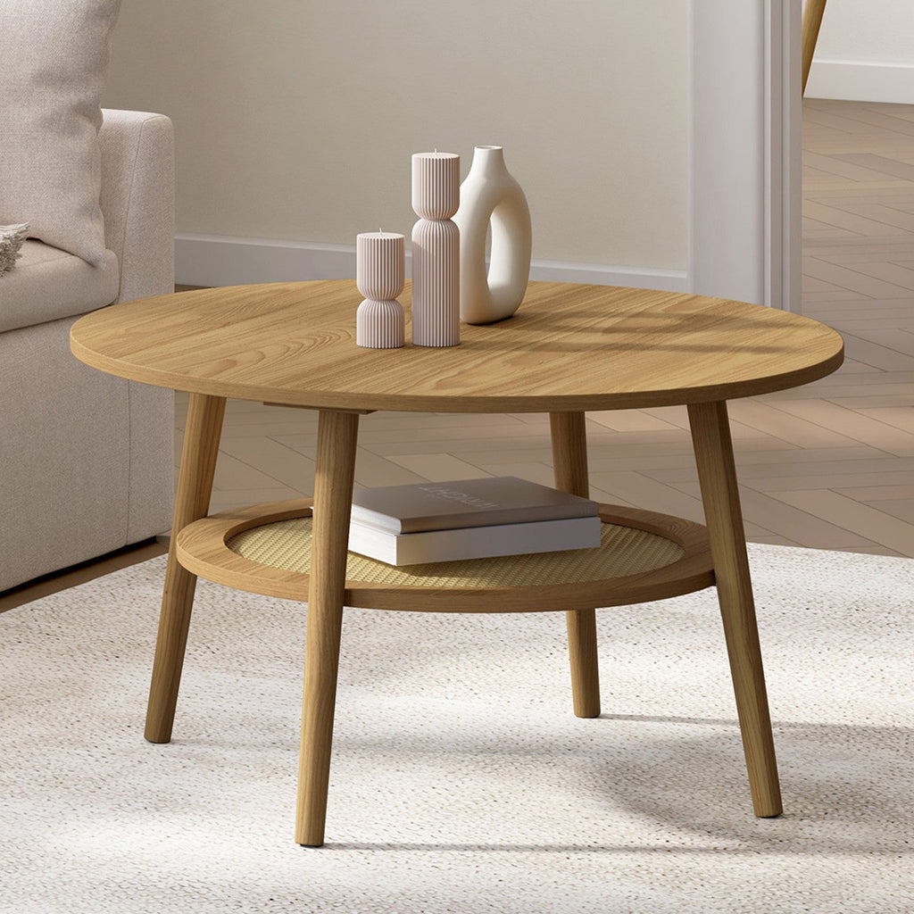 Table basse ronde HANAE 70 cm bois décor hêtre et plateau effet cannage naturel
