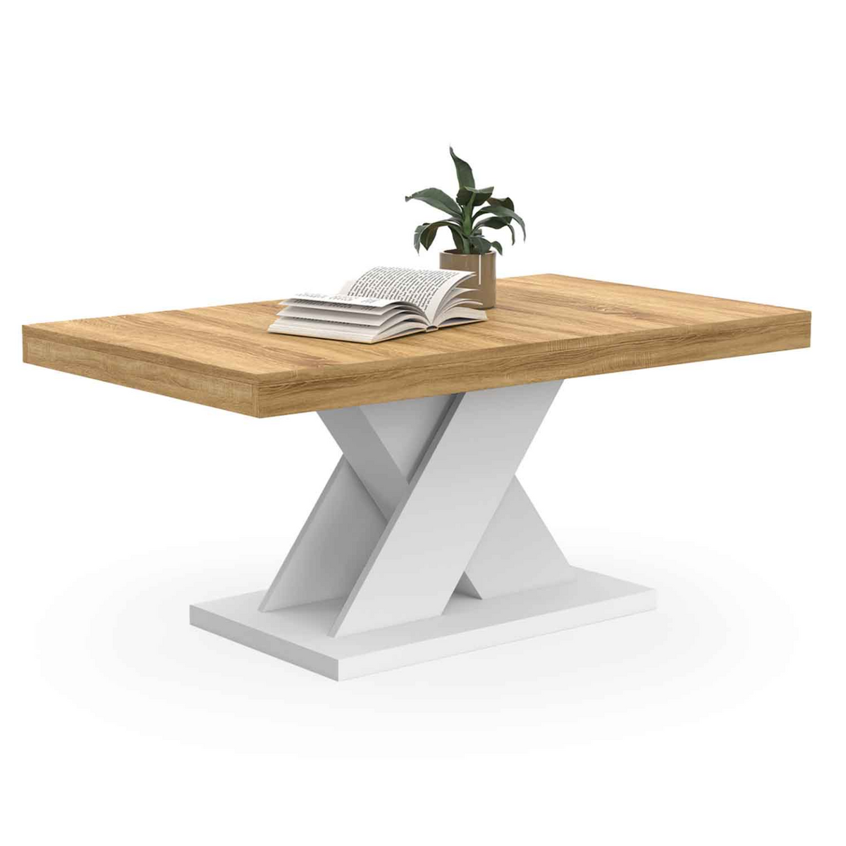 Table basse ALICIA plateau bois et pied en X blanc