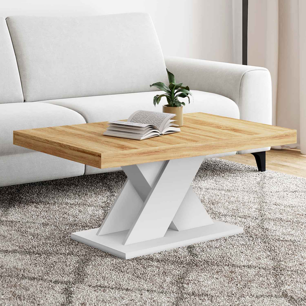 Table basse ALICIA plateau bois et pied en X blanc