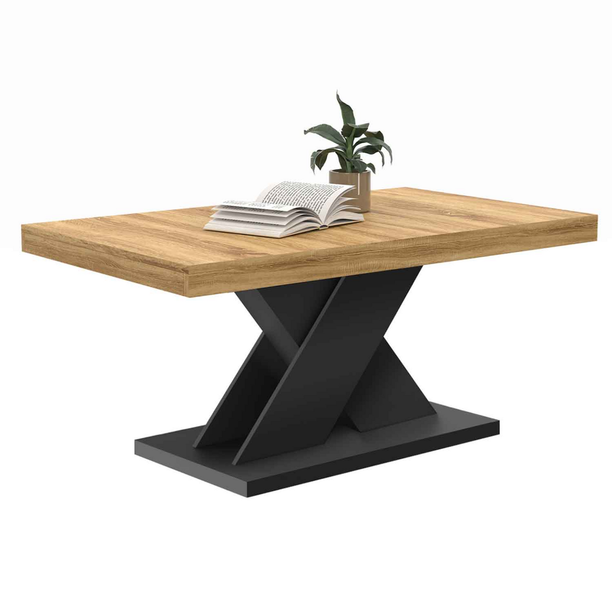 Table basse ALICIA plateau bois et pied en X noir