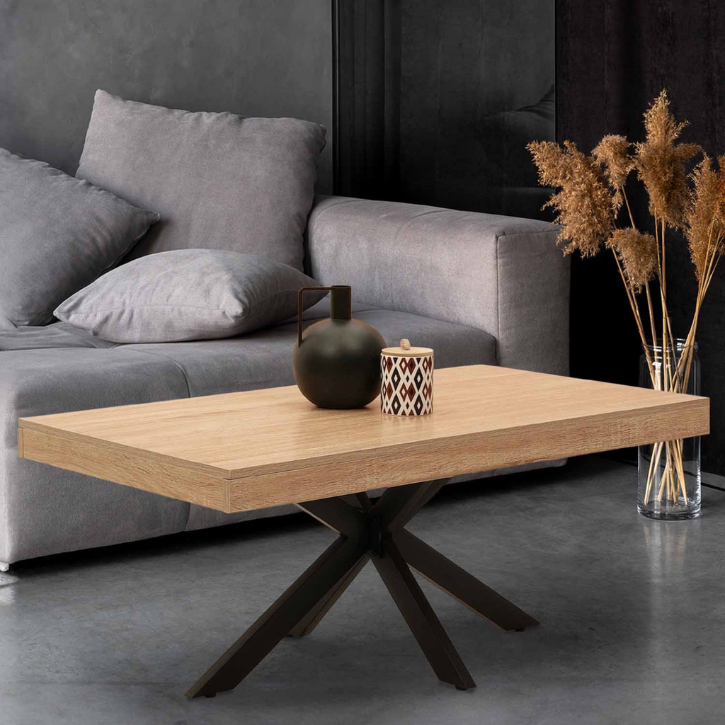 Table basse rectangulaire ALIX 110 cm piètement araignée bois et noir