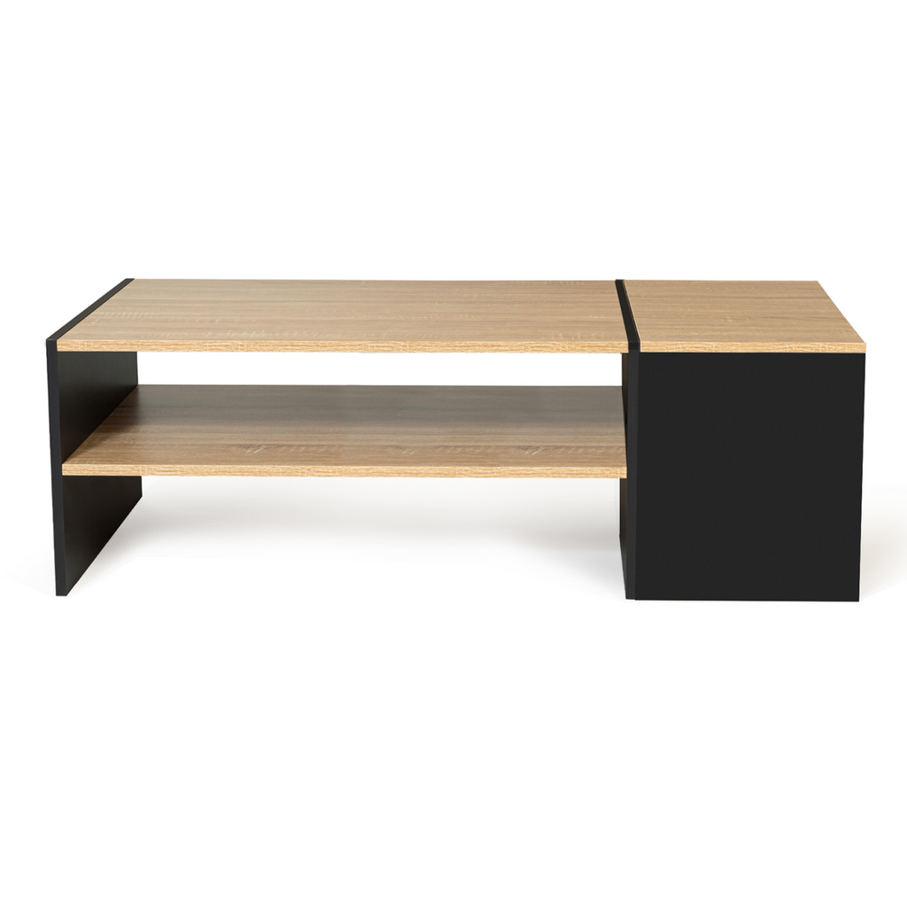 Table basse bar contemporaine rectangulaire IZIA avec coffre noir et plateaux bois