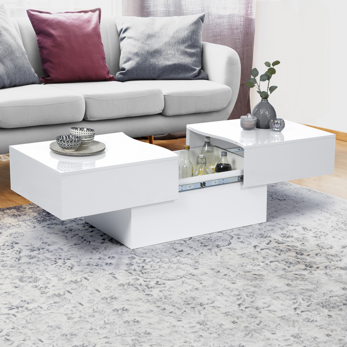 Table basse rectangulaire coulissante MARTA en bois blanc