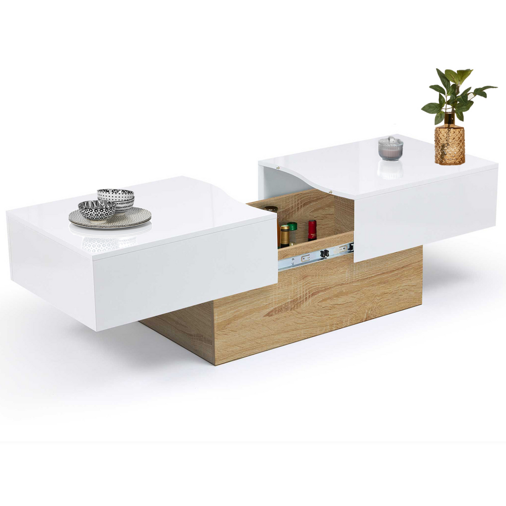 Table basse rectangulaire coulissante MARTA imitation bois hêtre et blanc