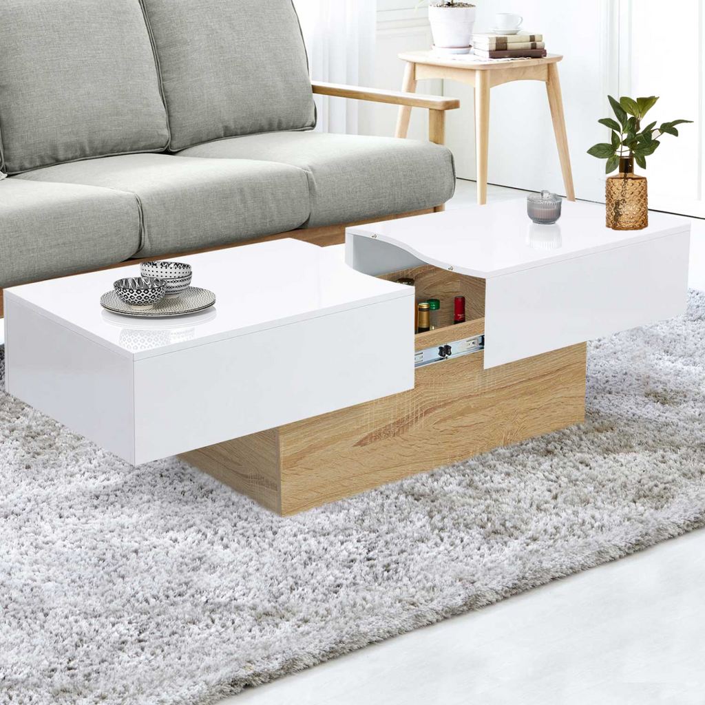 Table basse rectangulaire coulissante MARTA imitation bois hêtre et blanc