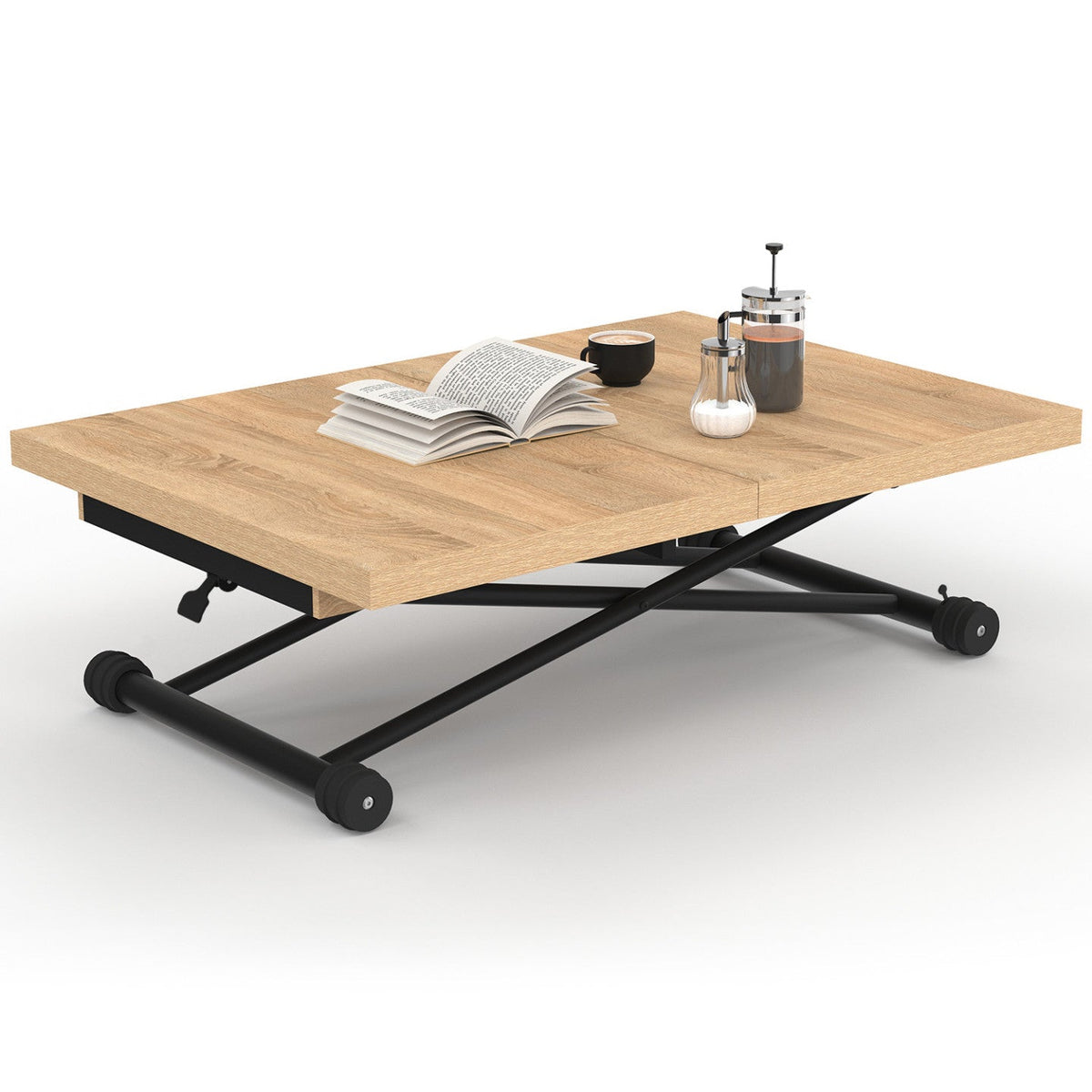 Table basse relevable et extensible transformable en table à manger rectangulaire ALTURA 100-160 cm, bois et noir, design industriel