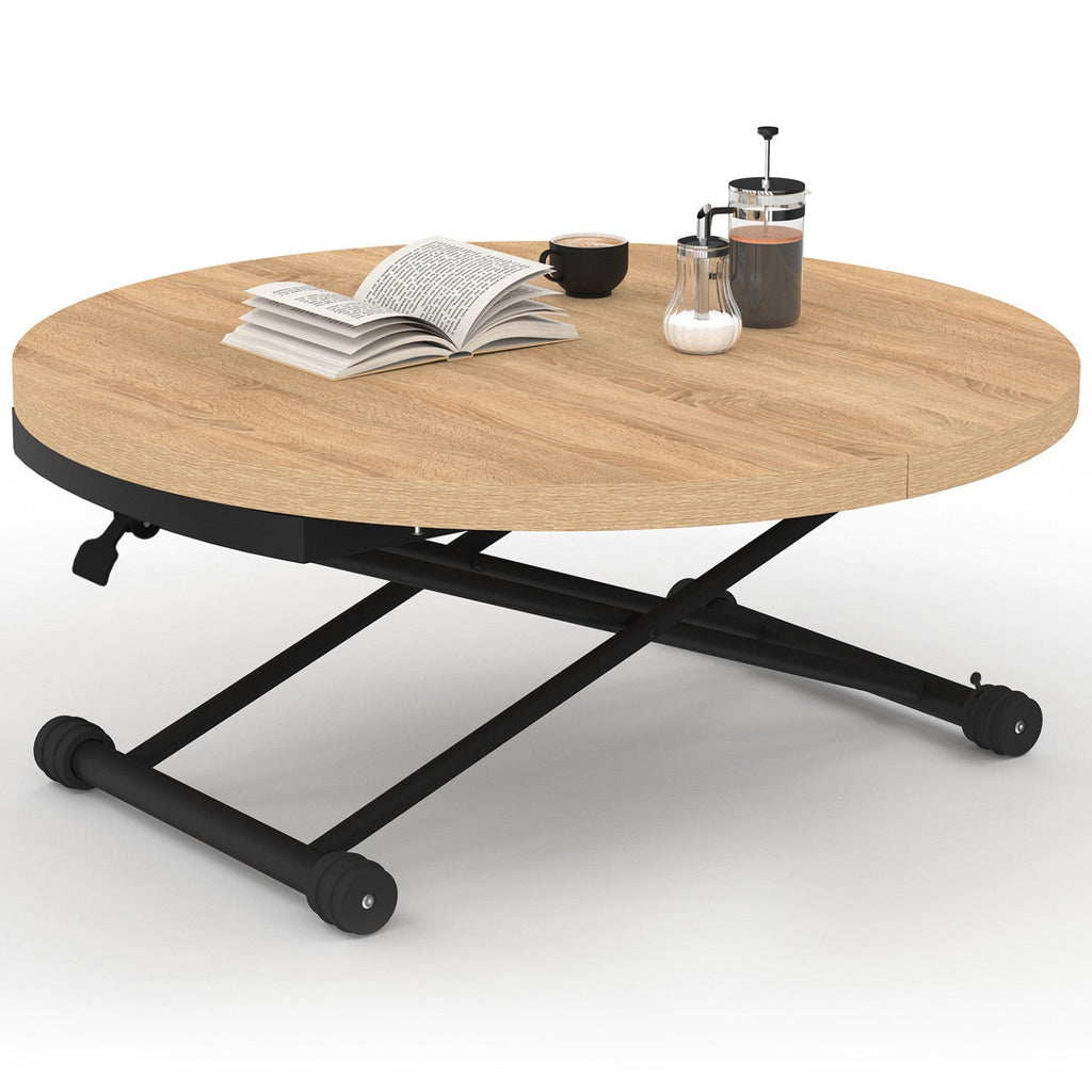 Table basse relevable et extensible en table à manger ronde ALTURA 100-150 cm, bois et noir, design industriel