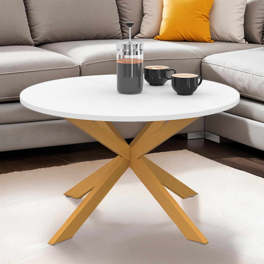 Table basse ronde GISELE 70 cm, pied araignée, plateau blanc et pied effet bois