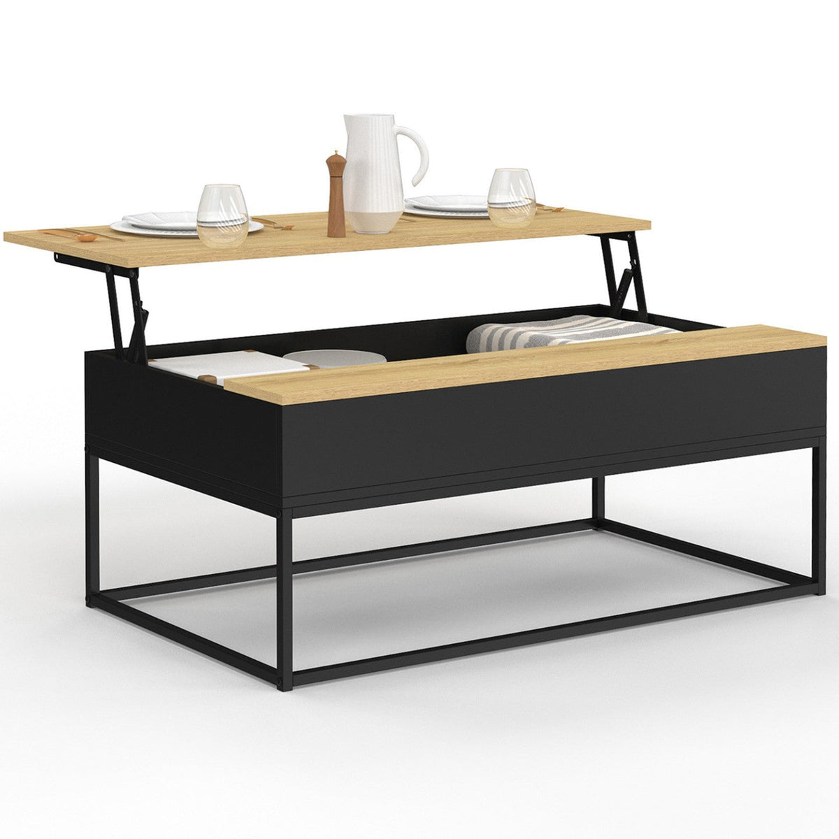 Table basse rectangulaire à plateau relevable BOSTON 100 cm noir et bois, design industriel