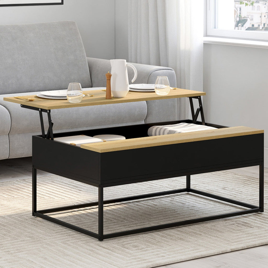 Table basse rectangulaire à plateau relevable BOSTON 100 cm noir et bois, design industriel