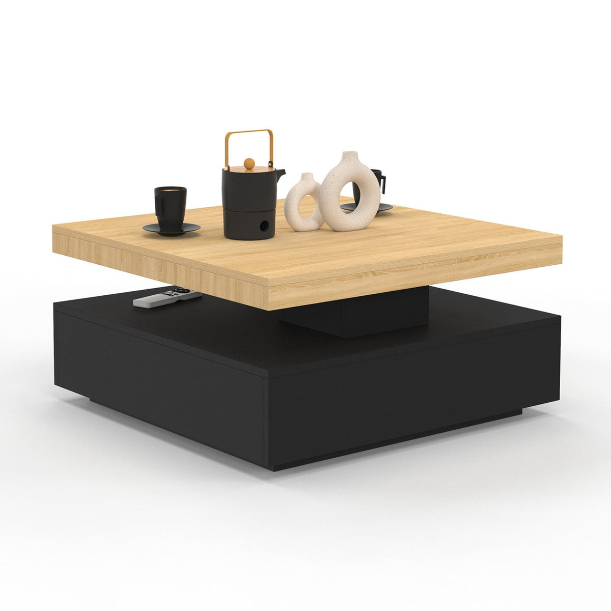 Table basse carrée pivotante THEA 70 cm bois et noir