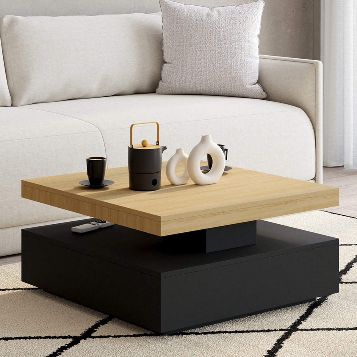 Table basse carrée pivotante THEA 70 cm bois et noir