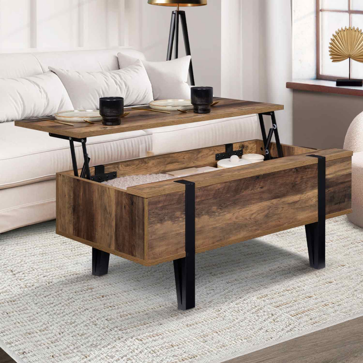 Table basse rectangulaire à plateau relevable AUSTRIA en bois avec pieds épingle