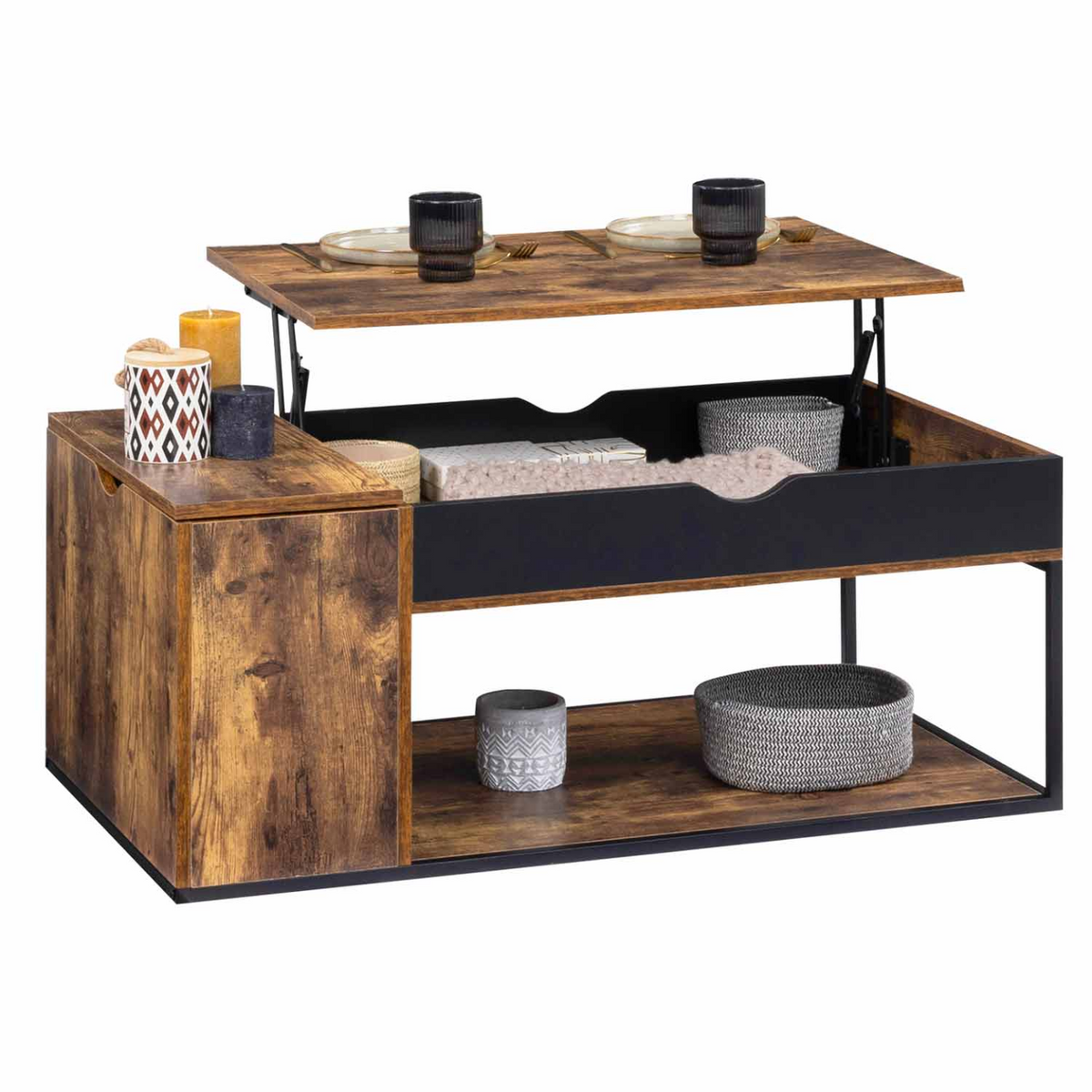 Table basse rectangulaire CHICAGO à plateau relevable avec coffre, design industriel
