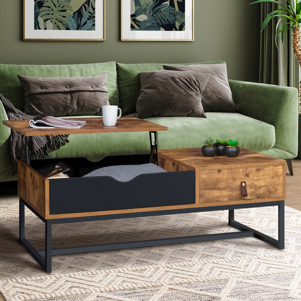 Table basse rectangulaire avec plateau relevable CHICAGO, 1 tiroir, design industriel