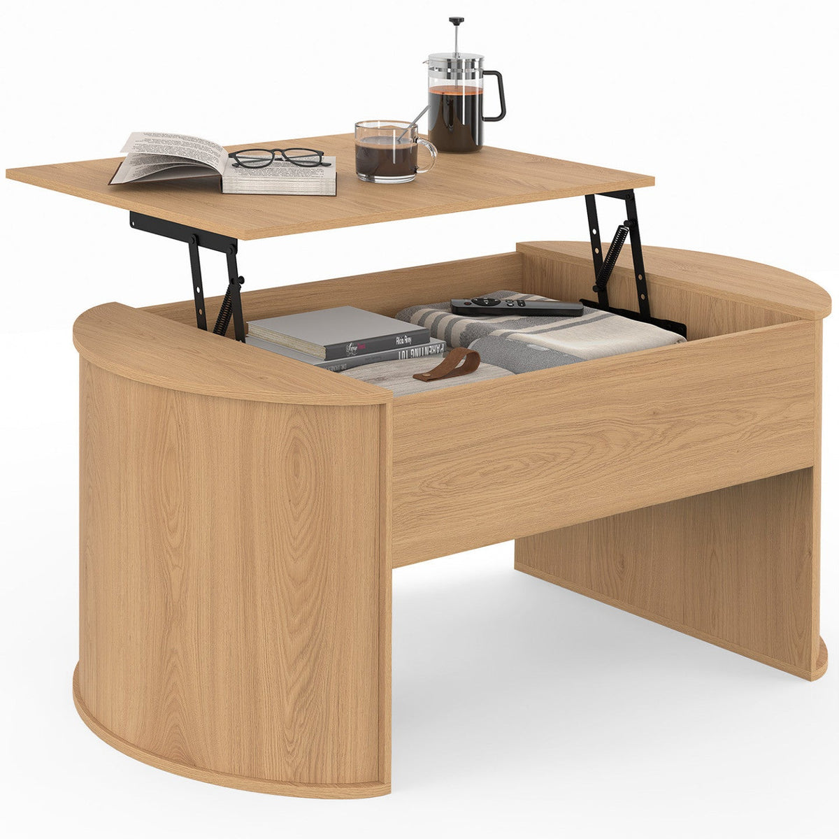 Table basse ovale à plateau relevable DIVIA 100 cm bois façon hêtre design arrondi