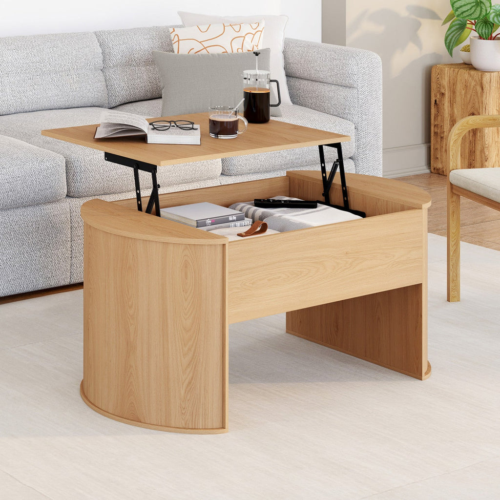 Table basse ovale à plateau relevable DIVIA 100 cm bois façon hêtre design arrondi