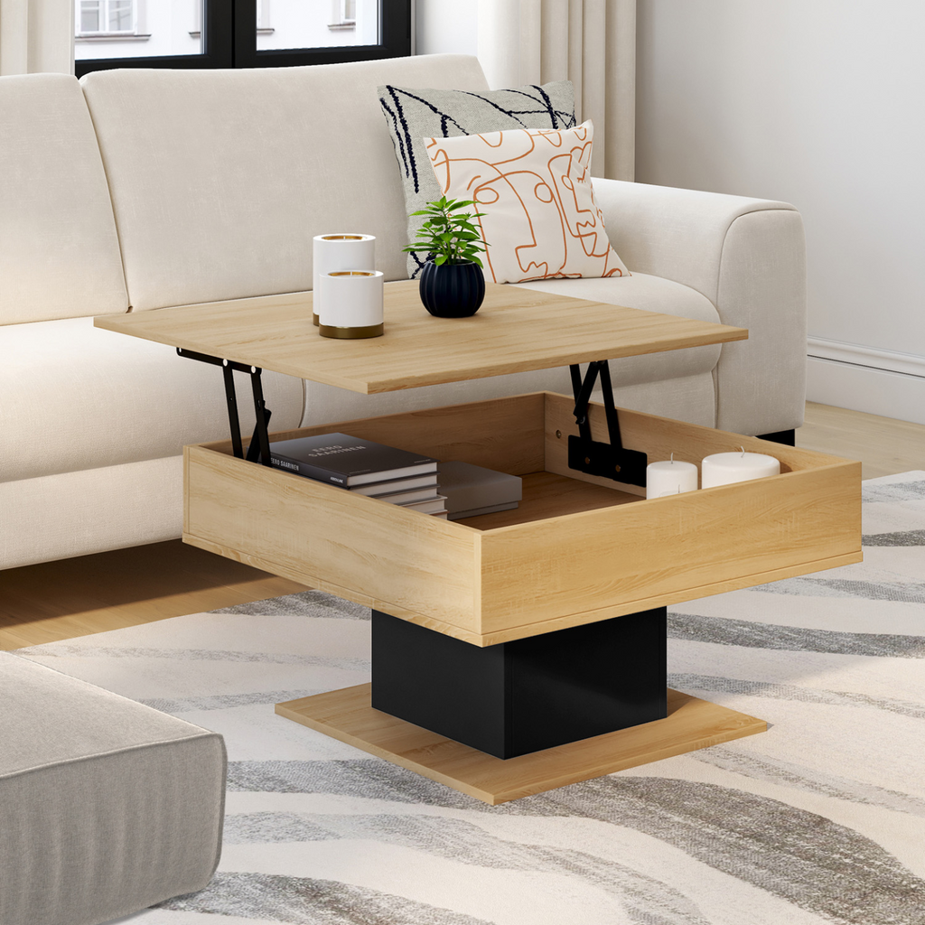 Table basse carrée à plateau relevable EDEN bois et noir