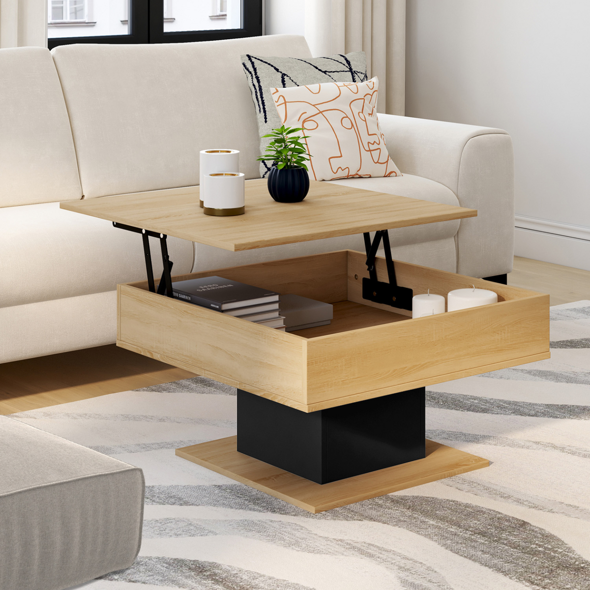 Table basse carrée à plateau relevable EDEN bois et noir
