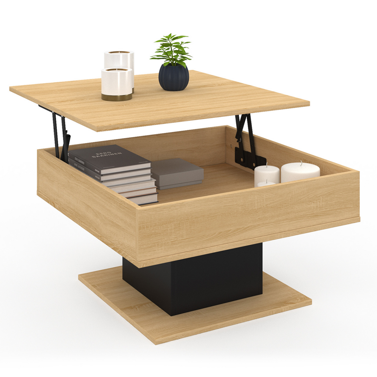 Table basse carrée à plateau relevable EDEN bois et noir