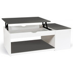 Table basse rectangulaire à plateau relevable ELEA avec coffre, bois blanc et gris