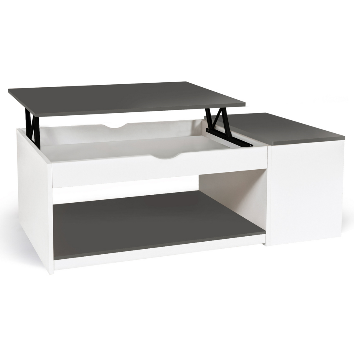 Table basse rectangulaire à plateau relevable ELEA avec coffre, bois blanc et gris