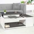 Table basse rectangulaire à plateau relevable ELEA avec coffre, bois blanc et gris