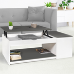 Table basse rectangulaire à plateau relevable ELEA avec coffre, bois blanc et gris