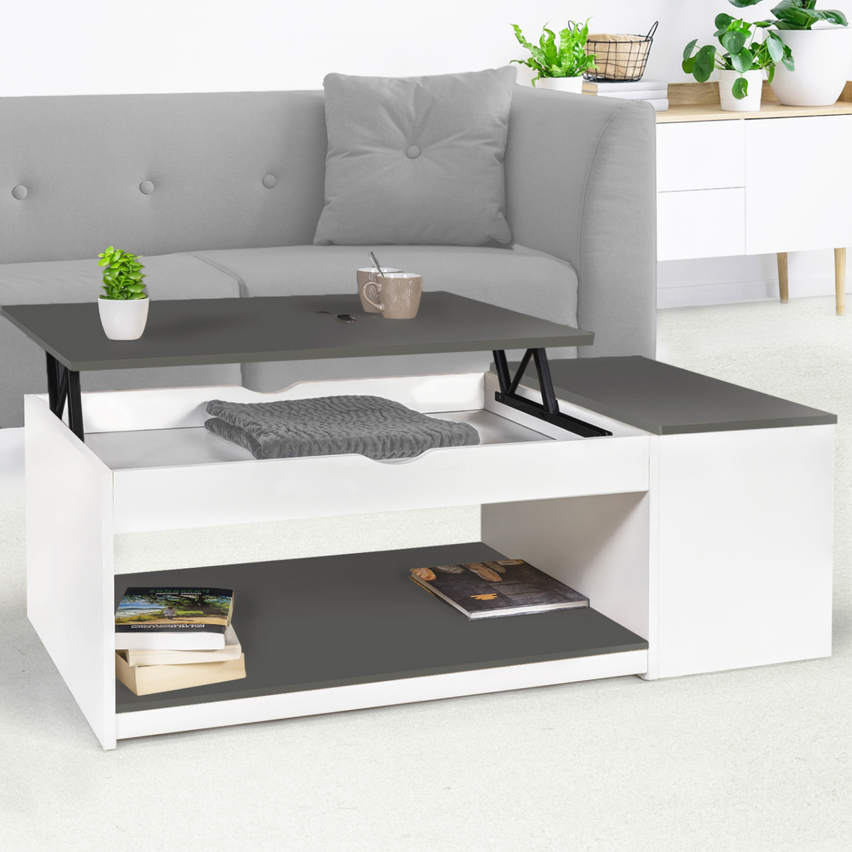 Table basse rectangulaire à plateau relevable ELEA avec coffre, bois blanc et gris