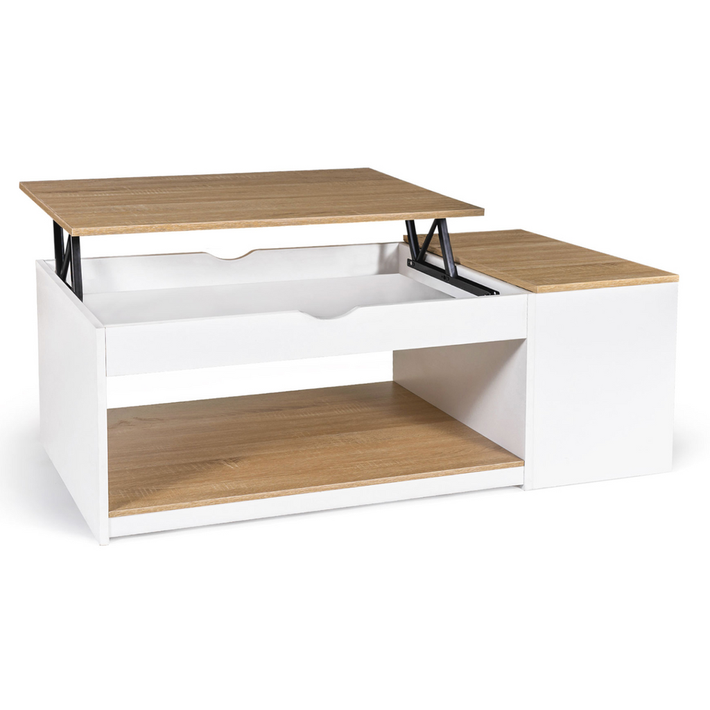 Table basse rectangulaire à plateau relevable ELEA avec coffre, coloris blanc et effet hêtre