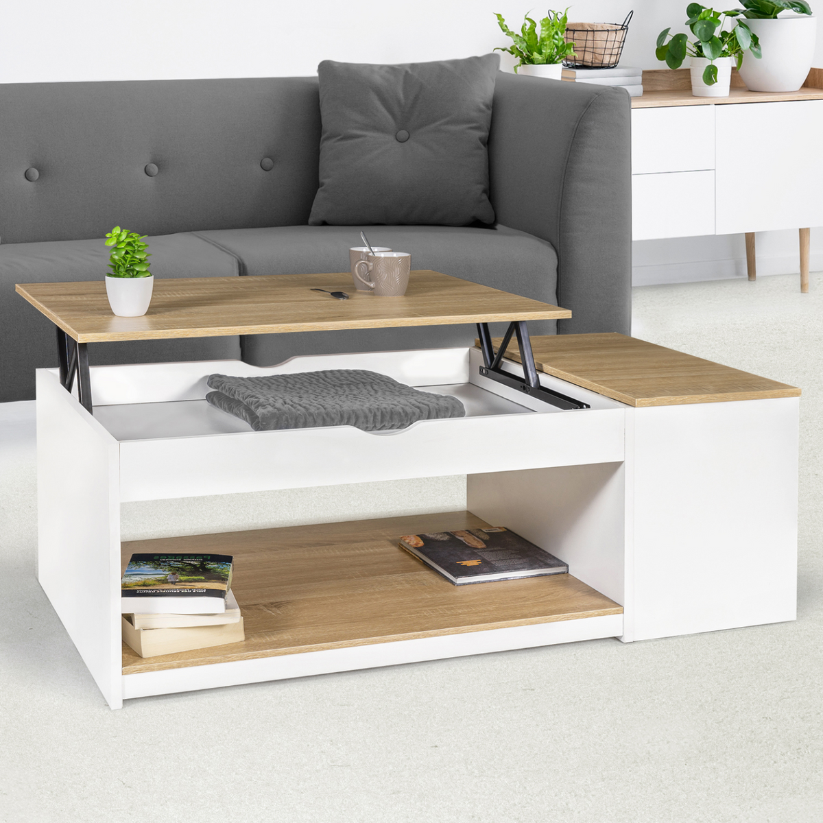 Table basse rectangulaire à plateau relevable ELEA avec coffre, coloris blanc et effet hêtre