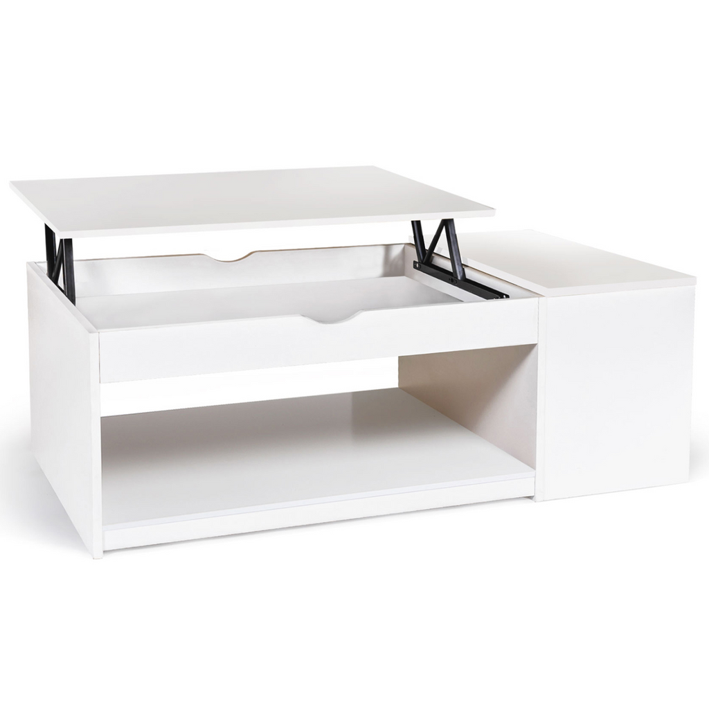 Table basse rectangulaire à plateau relevable ELEA avec coffre, bois blanc