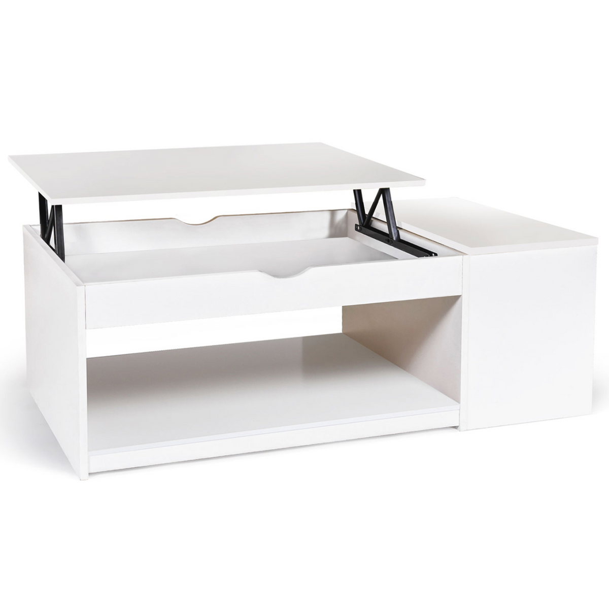Table basse rectangulaire à plateau relevable ELEA avec coffre, bois blanc